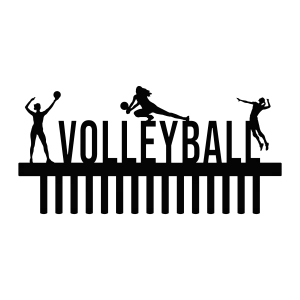 Black steel medal holder featuring the word 'Volleyball' and silhouettes of three female players in action poses, with 15 hooks for medals.